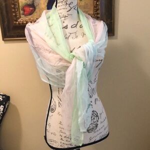 Moschino sheer silk mint pale pink rainbow pastel lightweight oblong scarf wrap